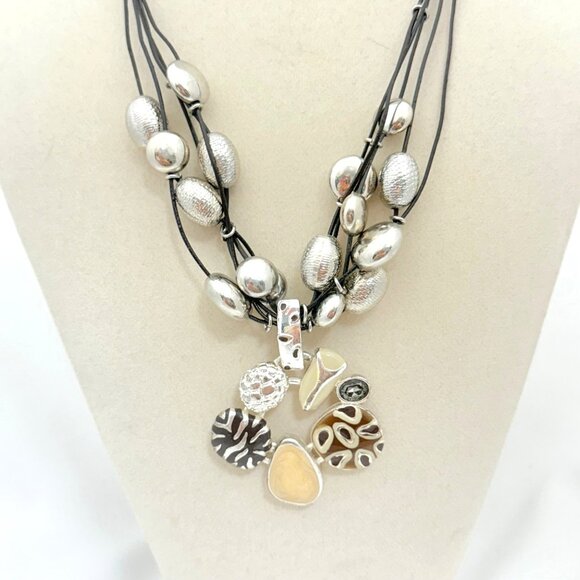 Chico's Multi-Strand Black Cord Necklace W/ Silver-Tone Beads & Abstract Pendant - Picture 2 of 8